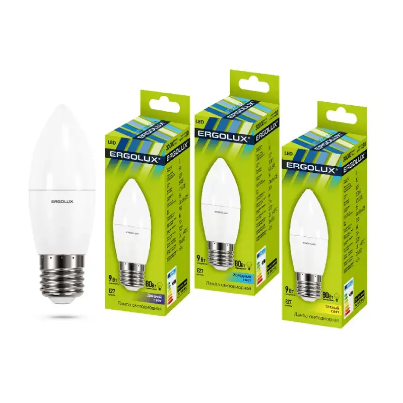 Эл. лампа светодиодная Ergolux LED-C35-9W-E27-4K, Холодный